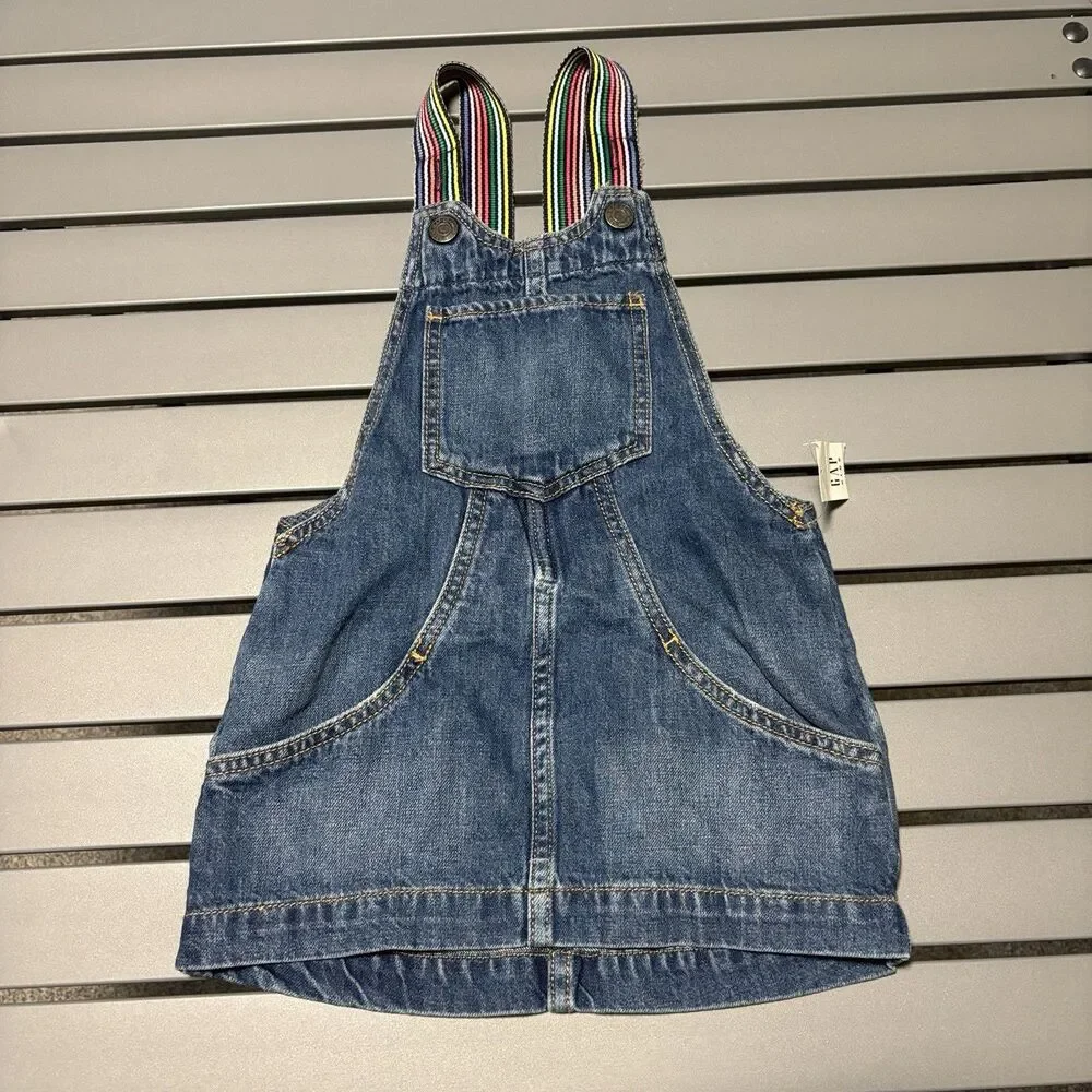 Gap Denim Overall Dress Girls Size XS Blue Rainbow Straps Pockets